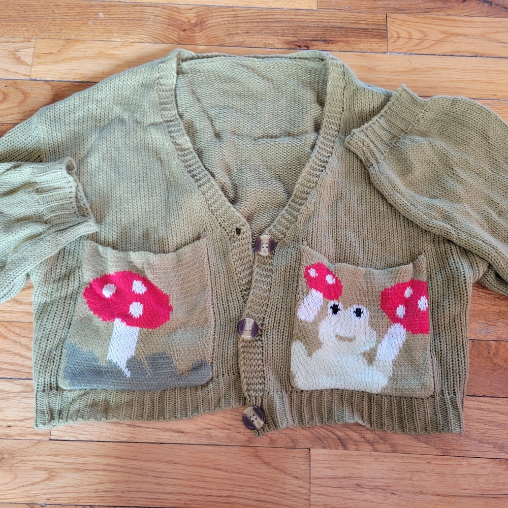 Green Mushroom Frog  Patch Knit Cardigan with Red Accents